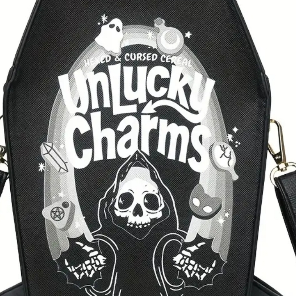 🆕️BLACK UNLUCKY CHARMS CEREAL GOTH VEGAN LEATHER COFFIN ZIPPERED CROSSBODY - Picture 12 of 16